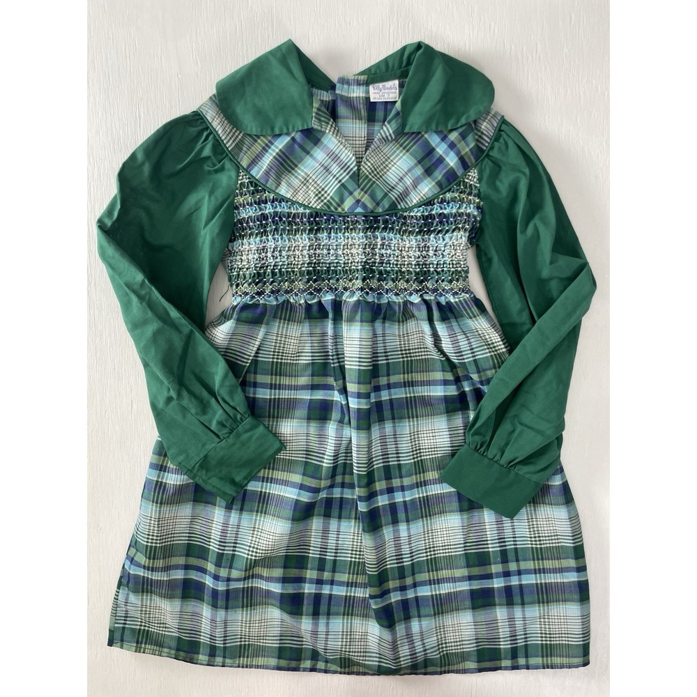 Vtg 1970s Girls Polly Flinders Green Blue Plaid Smocked Dress Long Sleeve Size 7